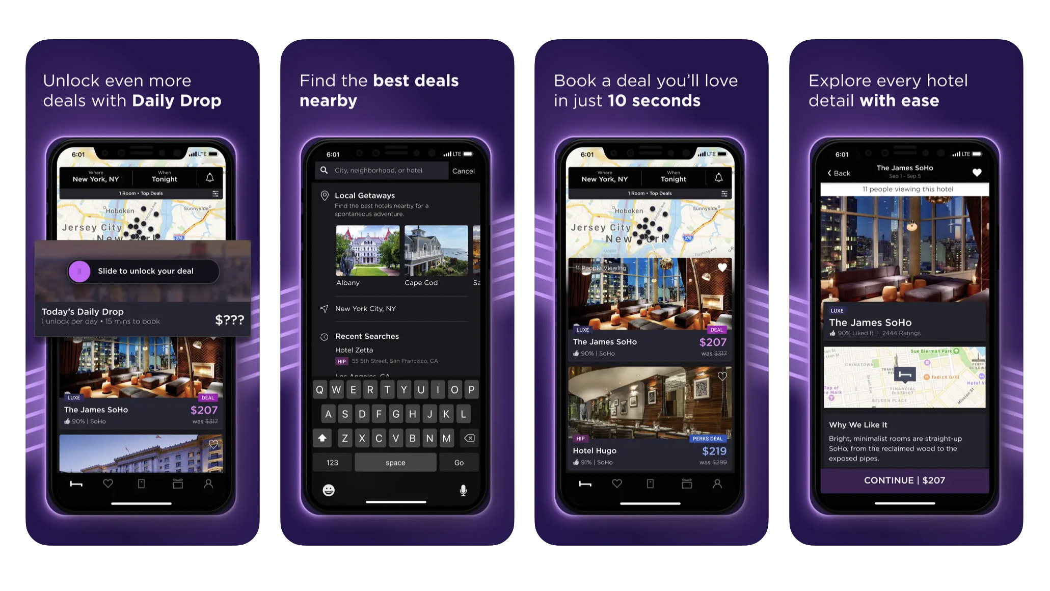 The app displays various hotel rooms