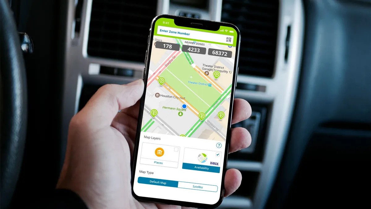 Image of a smartphone displaying the interface of parkmobile app