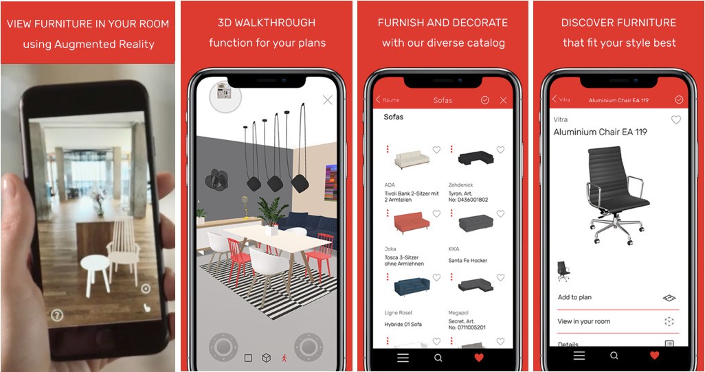 The app displays a digital design of a room layout on the screen