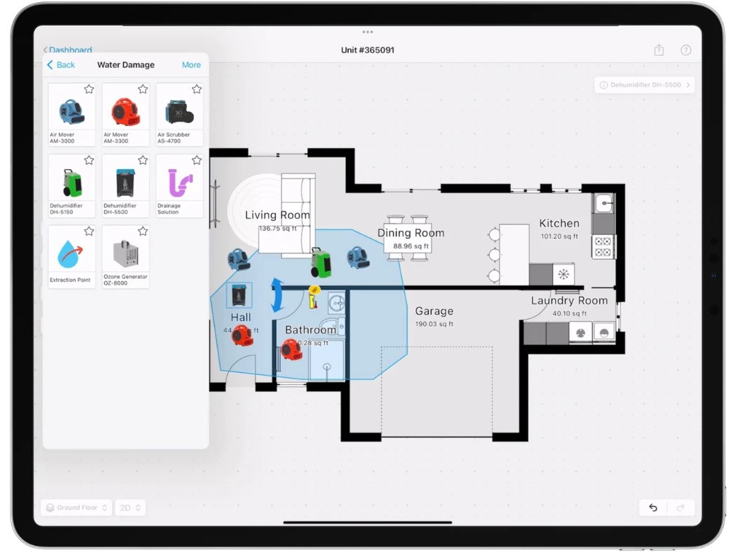 A tablet displaying a detailed floor plan of a building or room layout