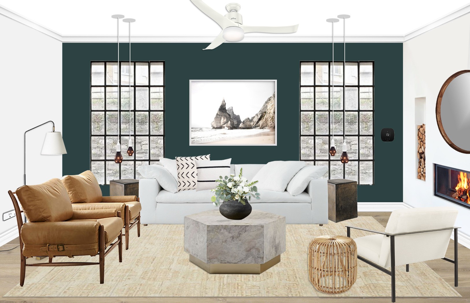 A living room with a white couch, a matching chair and a coffee table