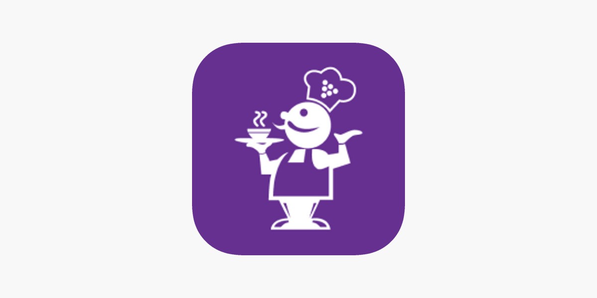 A purple button featuring a cartoon chef holding a cup