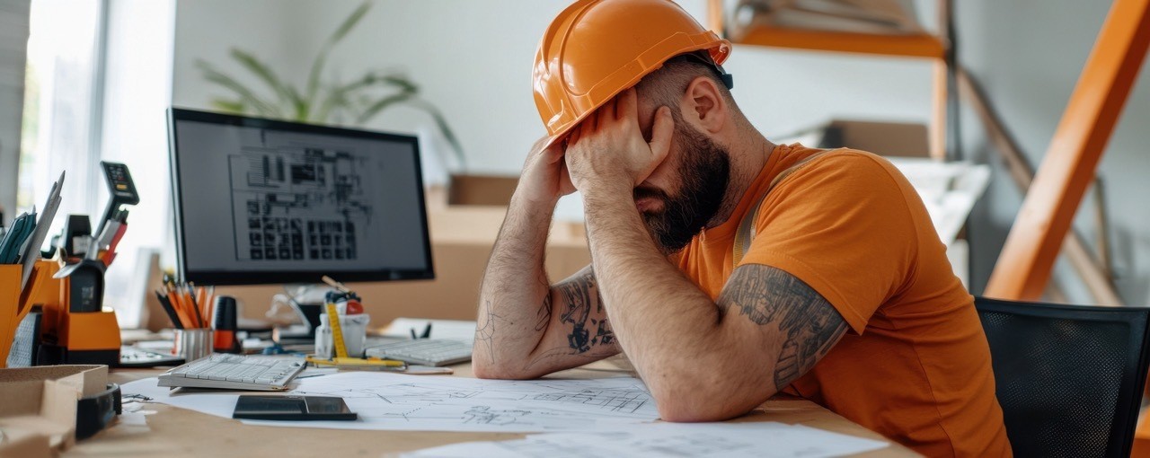 A man wearing an orange hard hat working on a computer
