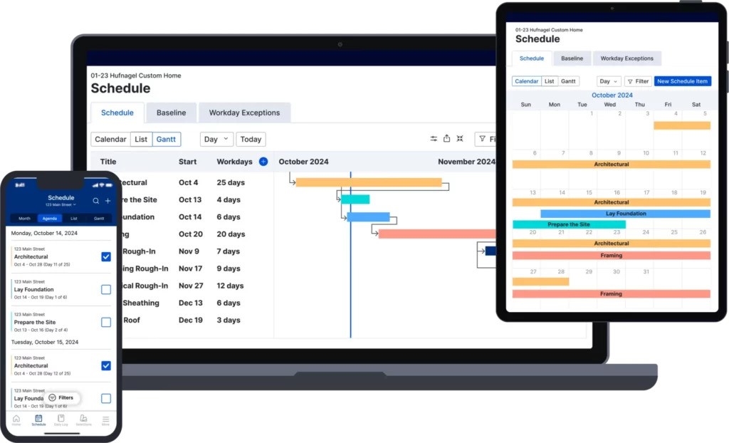 A laptop, phone and tablet showing a digital schedule