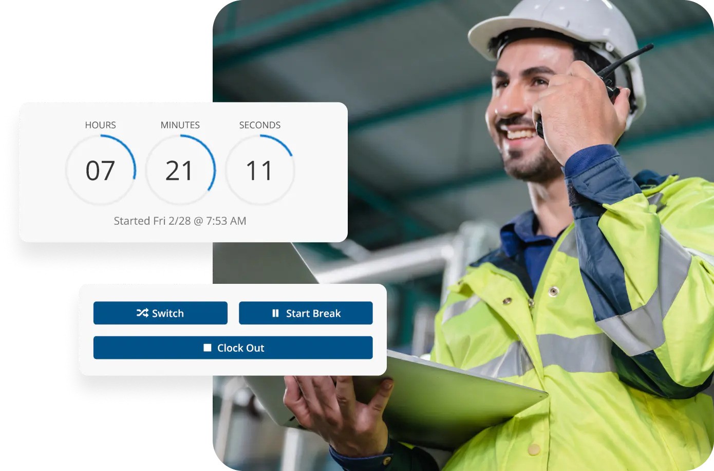 A man wearing a hard hat and safety vest is talking on the phone at a construction site